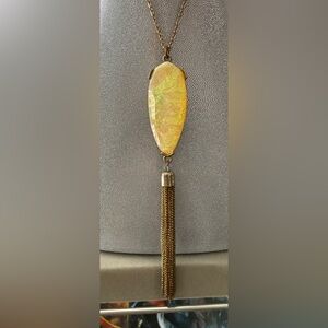 Gorgeous Yellow Opal Stone With Gold Tassel Necklace- Boho Glam